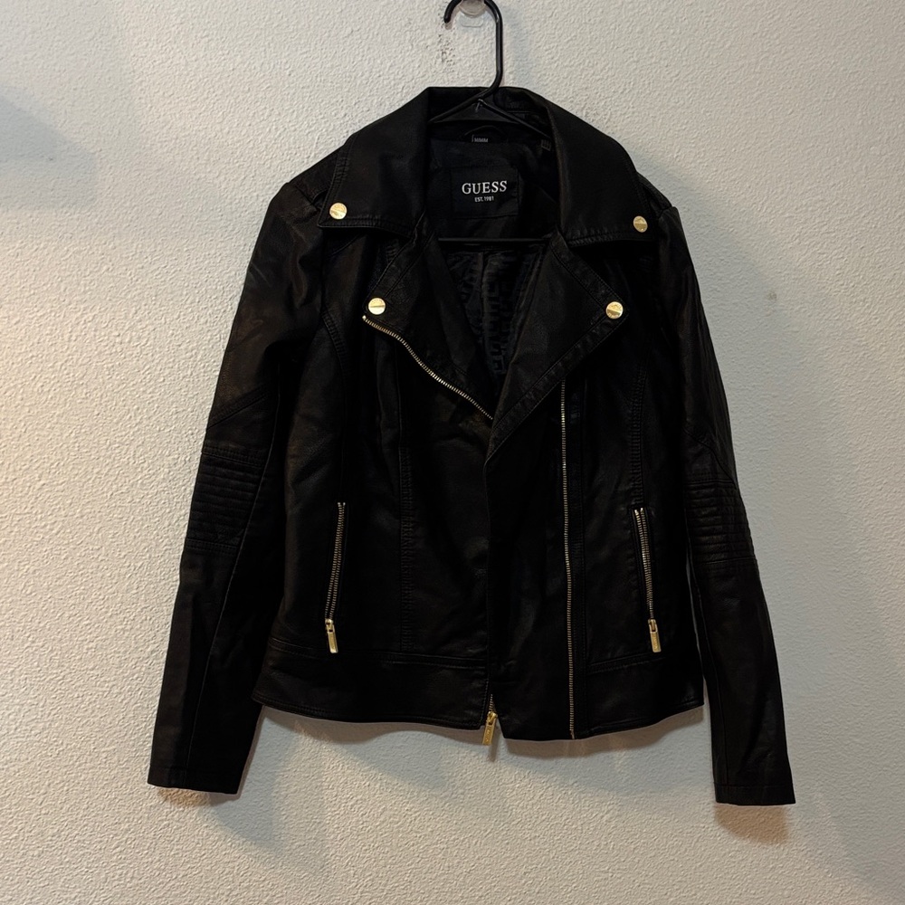 GUESS Black Leather Jacket with Gold Accents